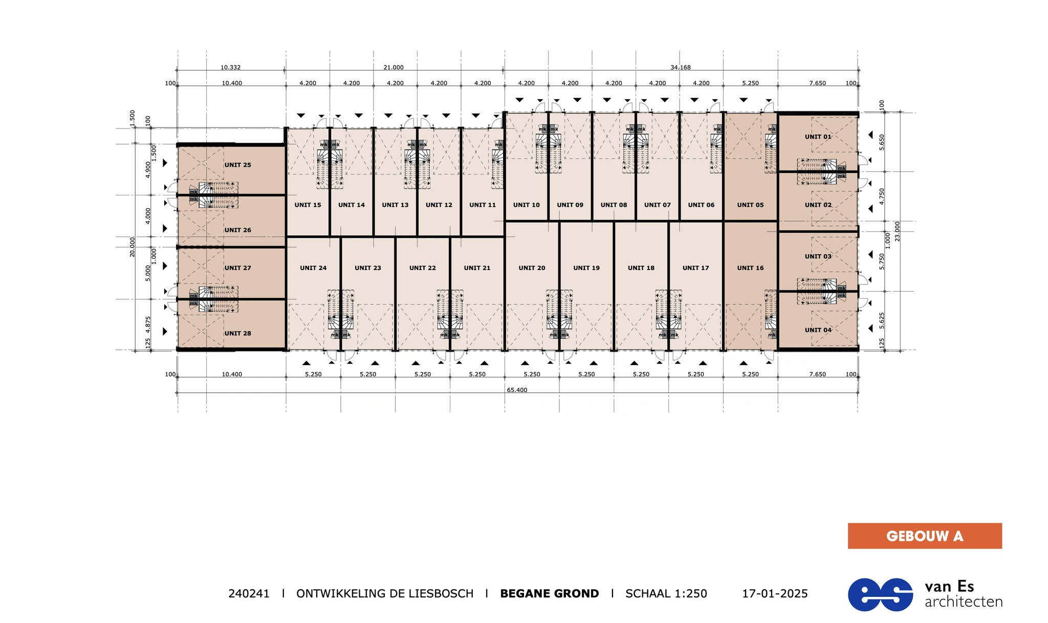 Plattegrond van de begane grond van Gebouw A in ontwikkeling De Liesbosch met 28 genummerde units.
